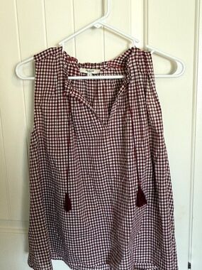 Madewell Burgundy and White Gingham Sleeveless Tassel Tie Top